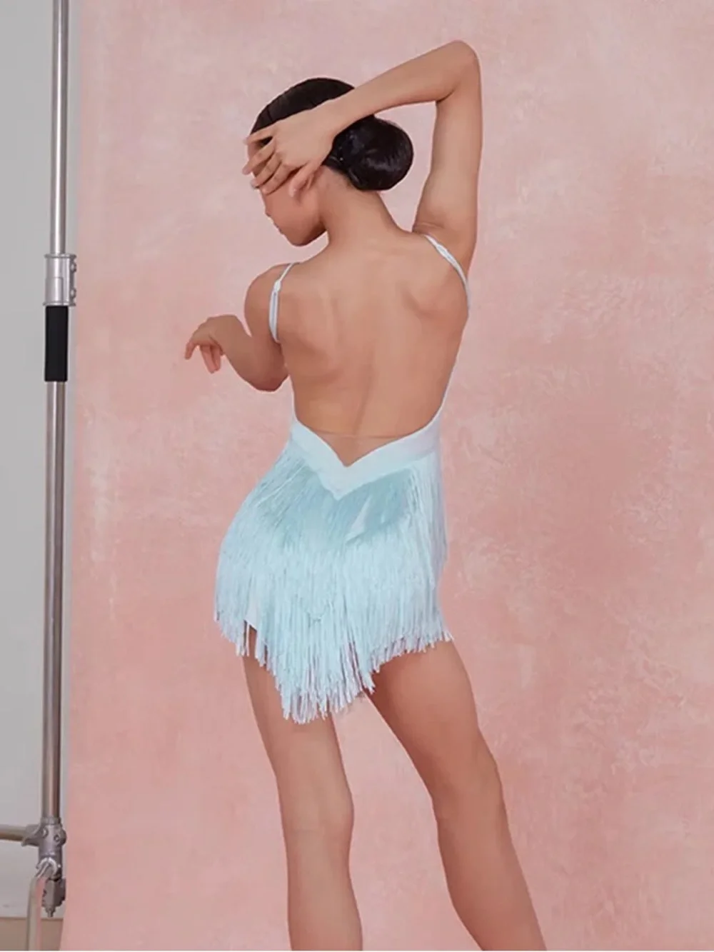 Aqua Fringe Ballroom Dance Costume for Girls with V-Neck Spaghetti Straps